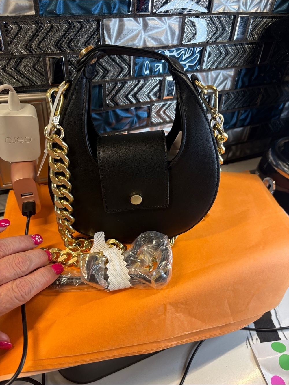 Black Mini Crescent Bag with Gold Chain Strap